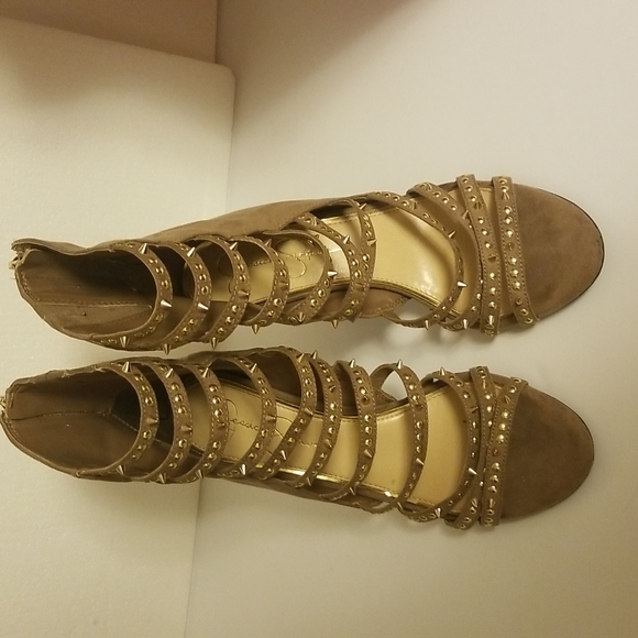 Beige Peep Toe Spike Stiletto High Heel Ankle Boots Studs Size 8 - Picture 2 of 12